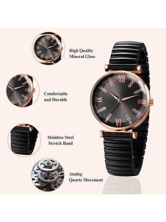 Women\'s All Black Analog Elastic Strap Arabic Numerals Waterproof Wrist Watch